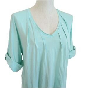 Sundance V-Neck Top Pleated 3/4 Roll-tab Sleeve Shirt Sz XL Mint Green Cotton